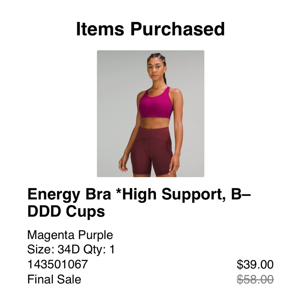 Lululemon energy sports bra. Never worn. NWOT